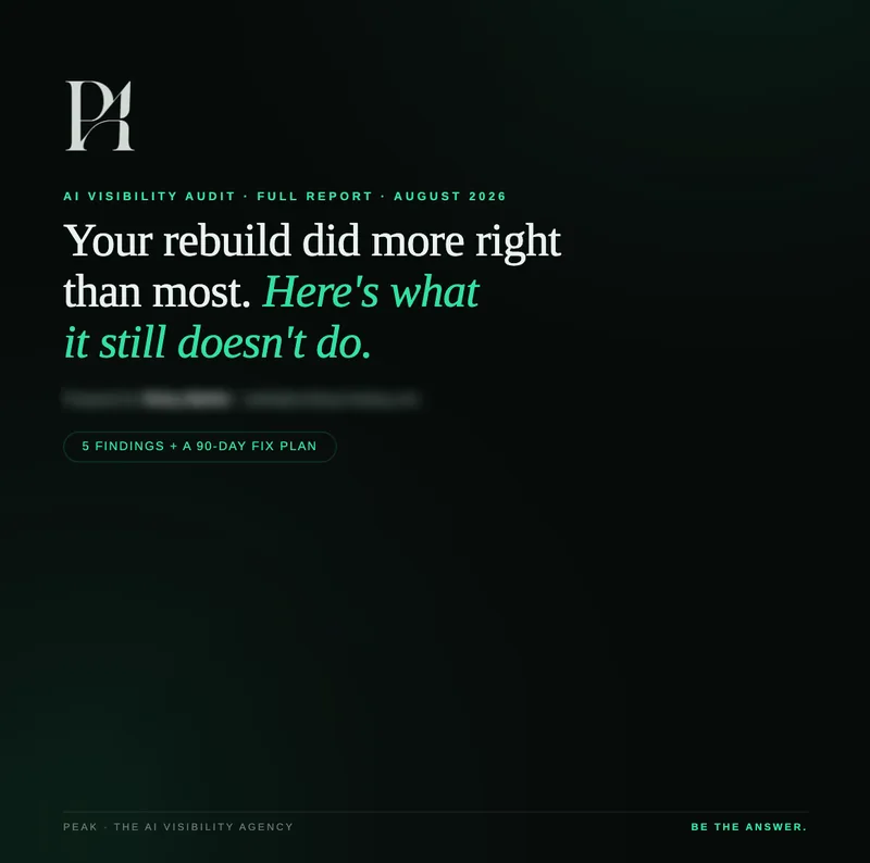 Obálka auditu viditeľnosti v AI: „Your rebuild did more right than most. Here's what it still doesn't do.“ – 5 zistení a 90-dňový plán opráv